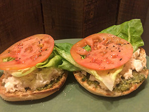 image description: tuna pesto english muffin sandwich]