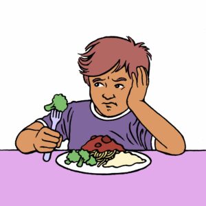 ARFID [Image description: drawing of boy unhappily holding a fork with a vegetable]