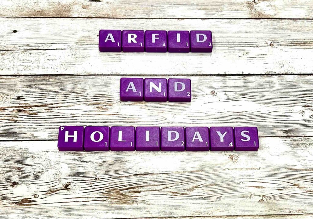 ARFID and Holidays [Image description: Purple scrabble tiles spelling "ARFID and Holidays"]